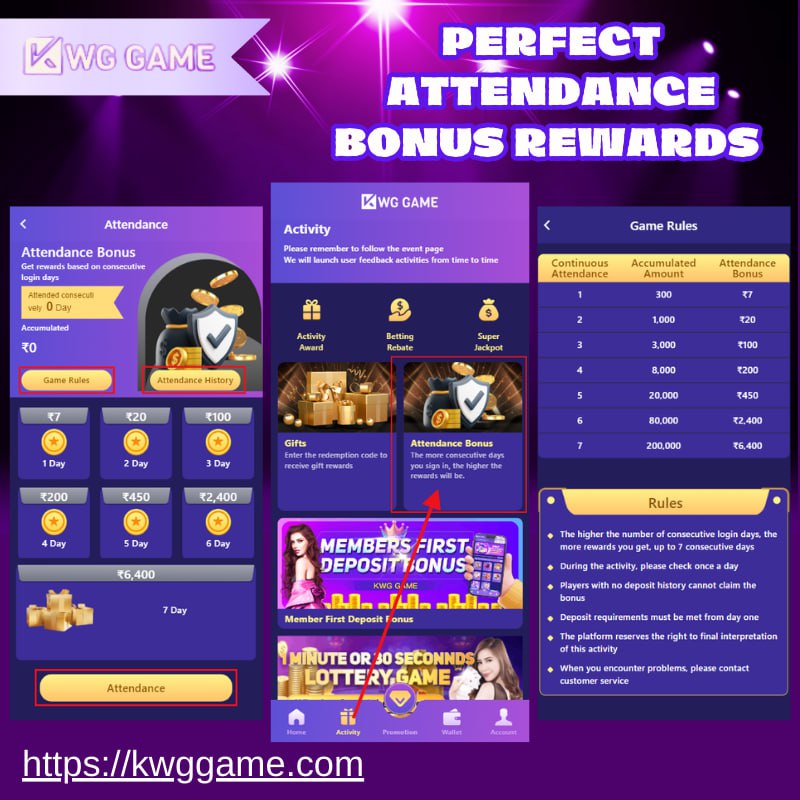 Player earning attendance rewards in KWG Game by logging in for seven consecutive days